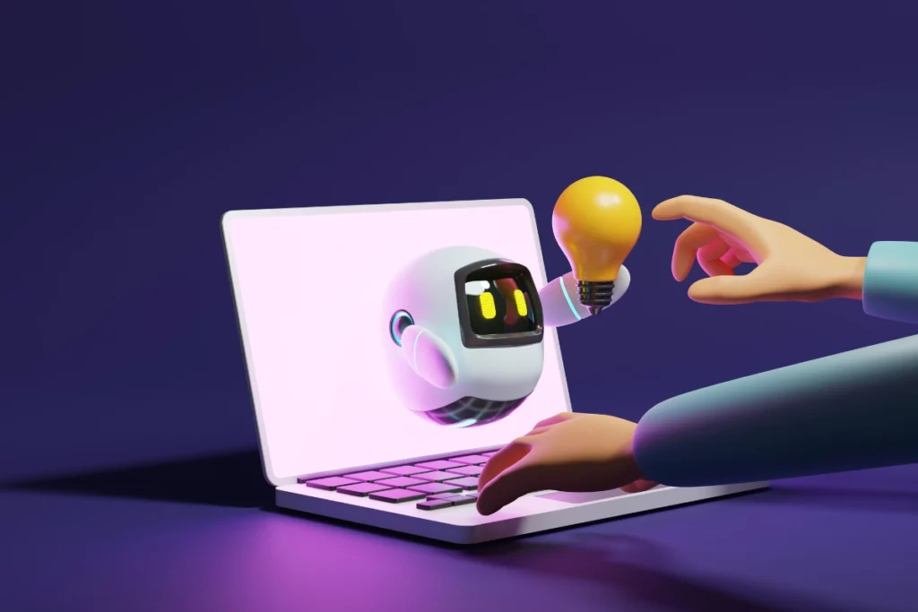 AI robot coming out of a computer and handing someone a lightbulb