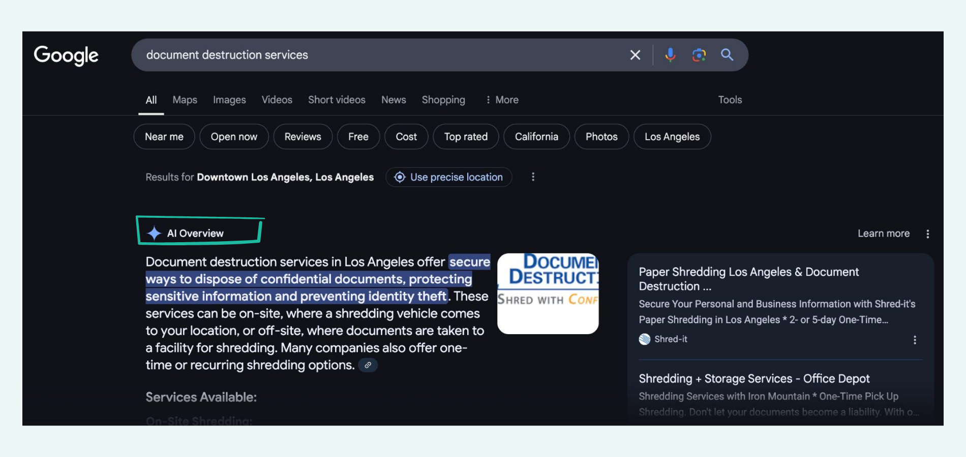 AI overview result of "document destruction services"