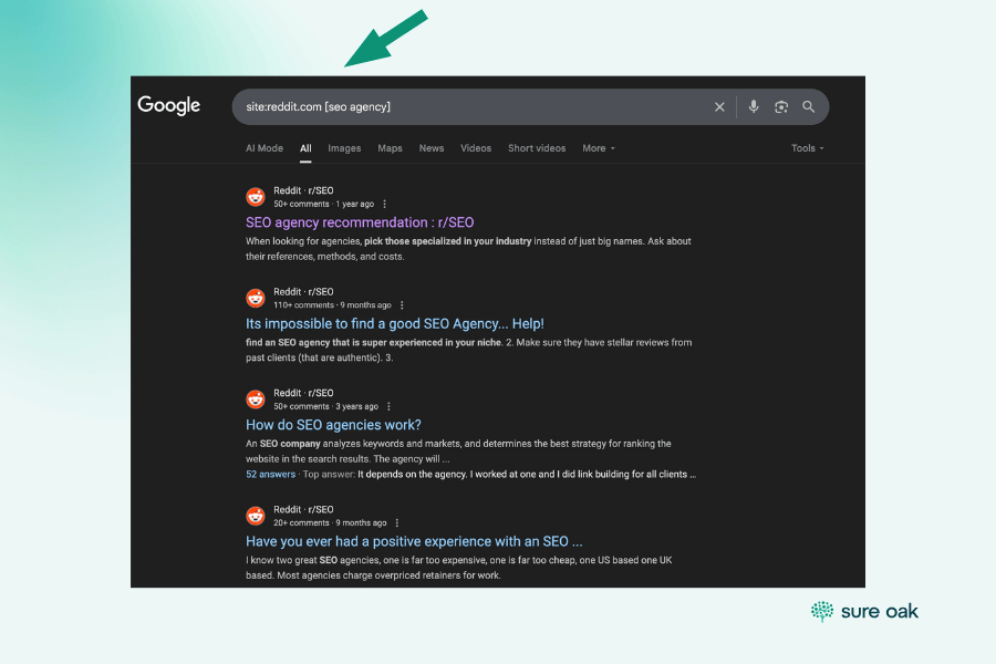 Search Reddit for industry keywords to find active discussions, build trust, and earn organic backlinks through valuable insights.